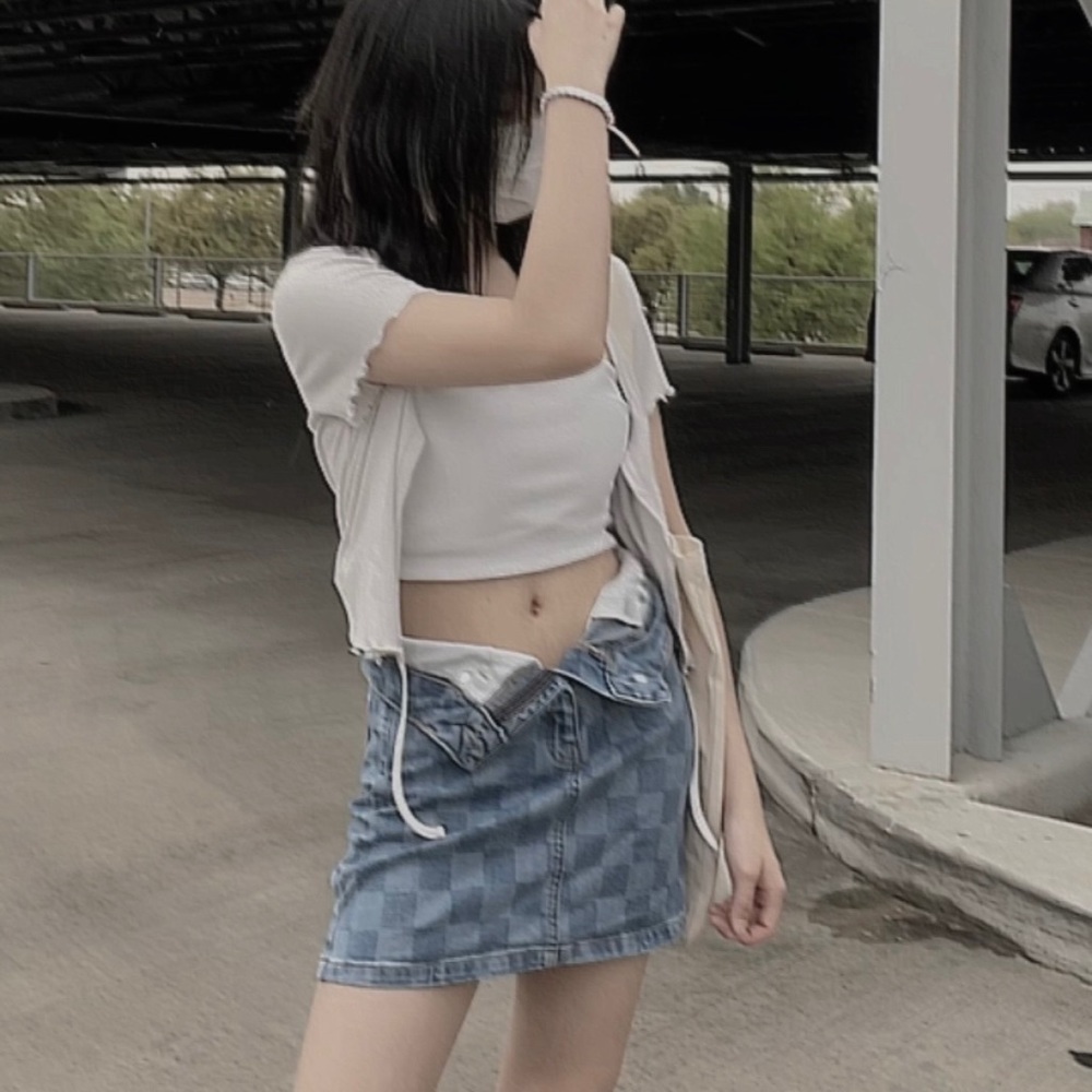 Denim mini checkerboard skirt - Picture 1 of 2